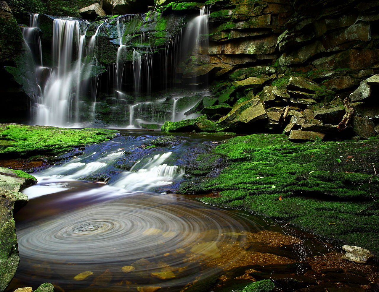 Long exposure of waterfall Source:https://commons.wikimedia.org/wiki/File:Elakala_Waterfalls_Swirling_Pool_Mossy_Rocks.jpg