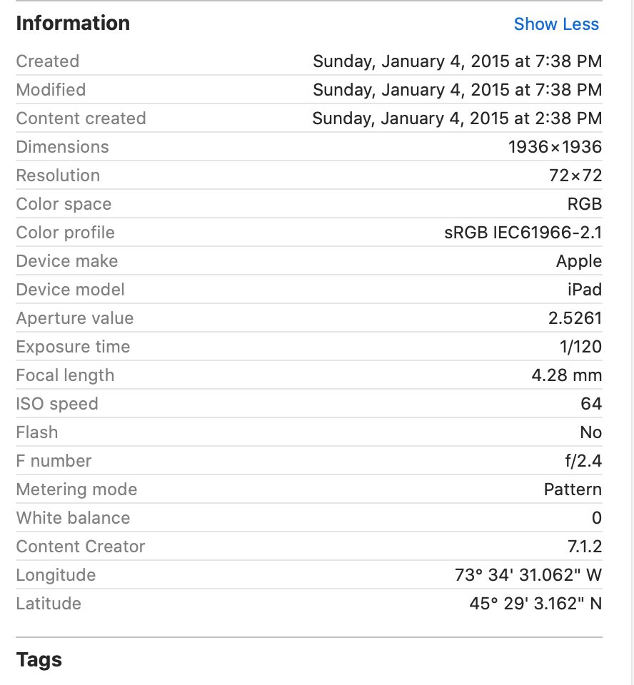 Image of Mac OS Finder information of photo EXIF data, complete